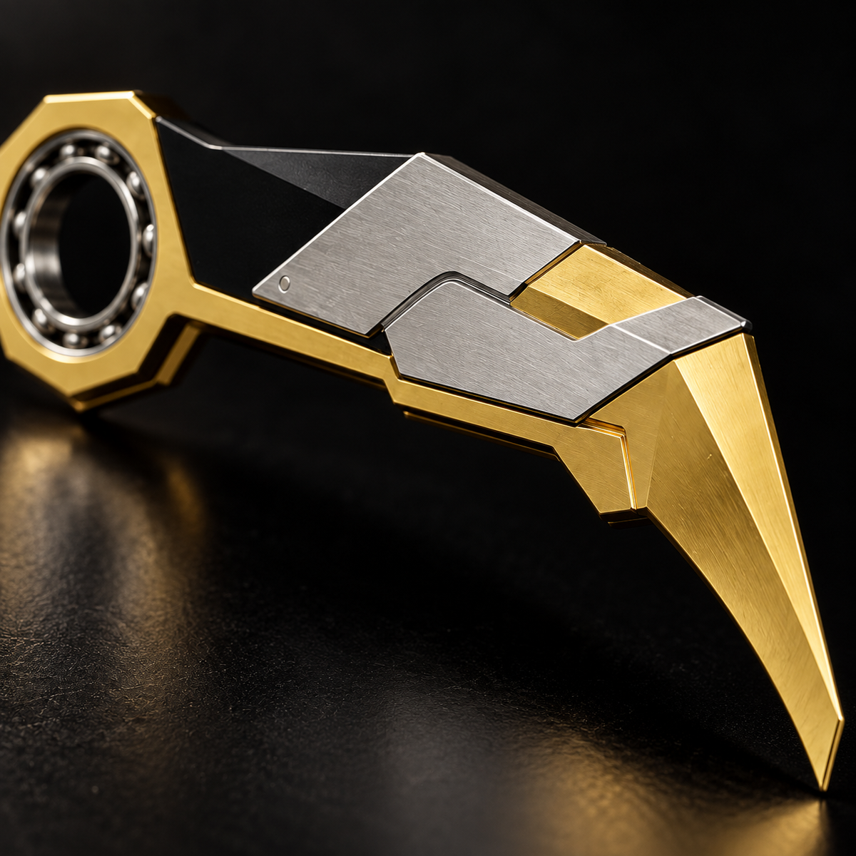 Prime Karambit close-up showing angular gold and white detailing