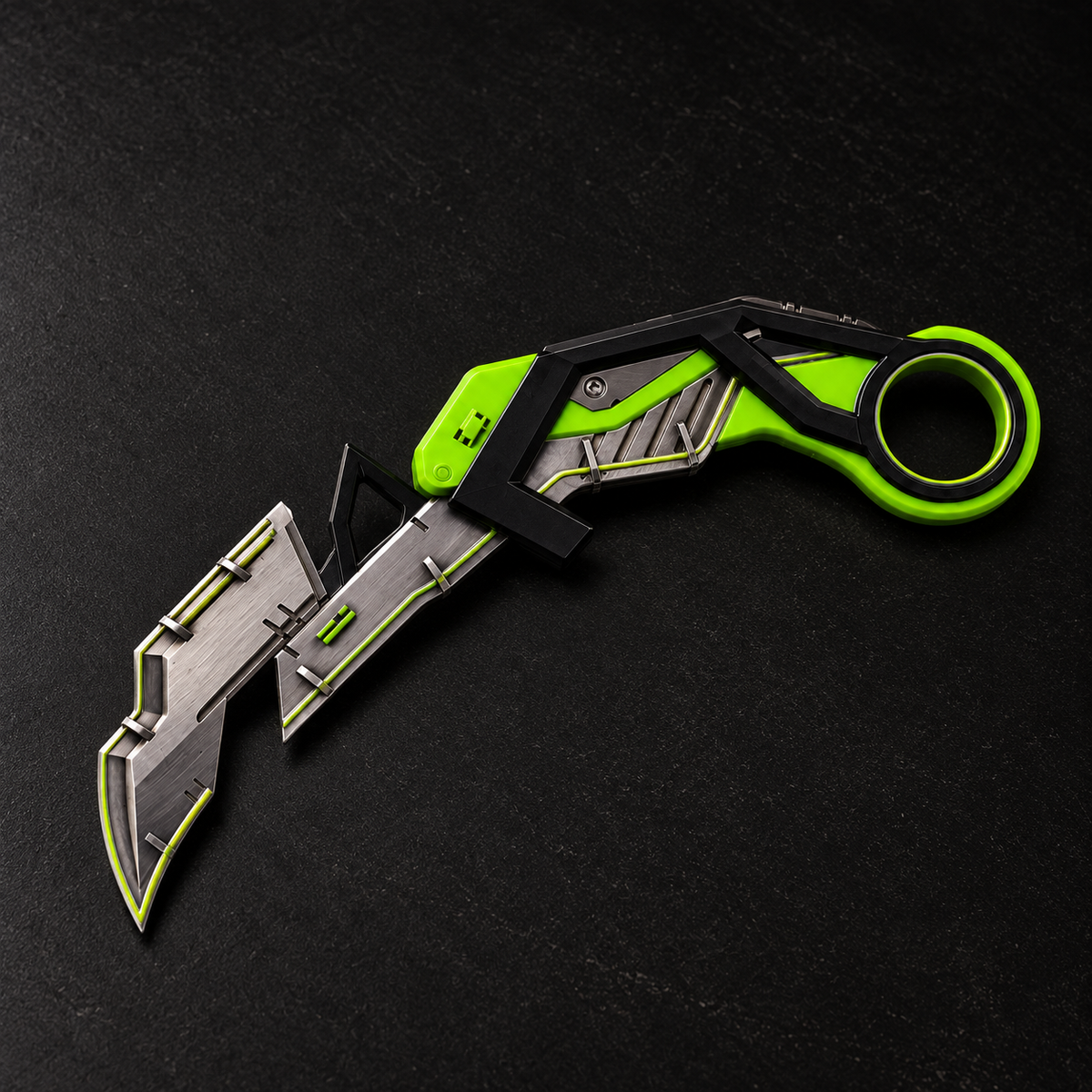 RGX Karambit Green alternate angle on dark tabletop