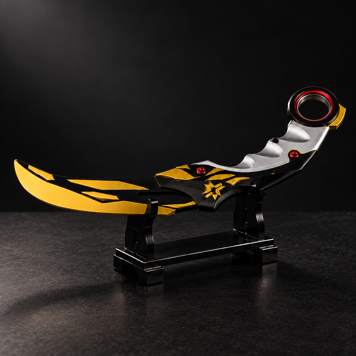 Champions 2021 Karambit gaming collectible in gold black and white on display stand