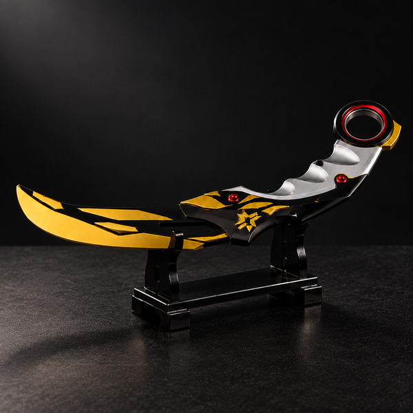 Champions 2021 Karambit gaming collectible in gold black and white on display stand