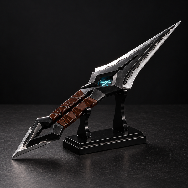 Kuronami Dual Blades gaming collectible in silver and black on display stand