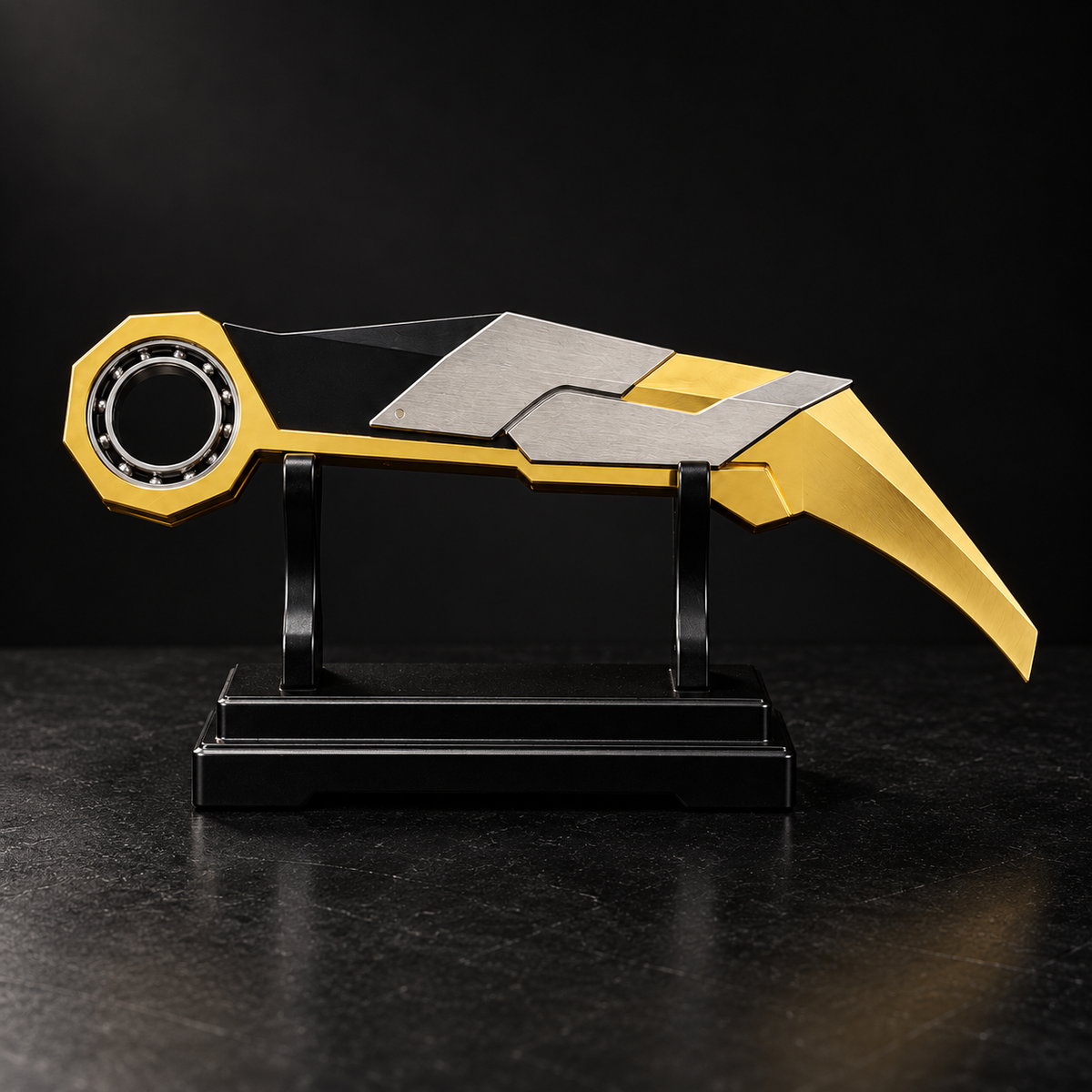 Prime Karambit gaming collectible in gold white and black on display stand