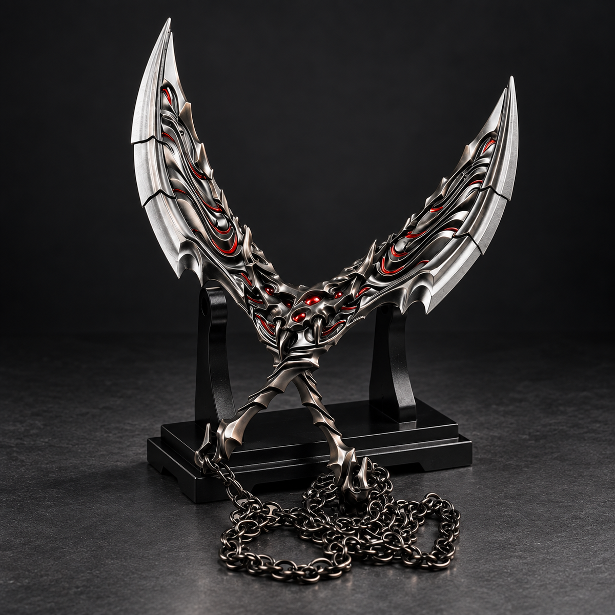 Primordium Dual Blades gaming collectible in silver black and red on display stand