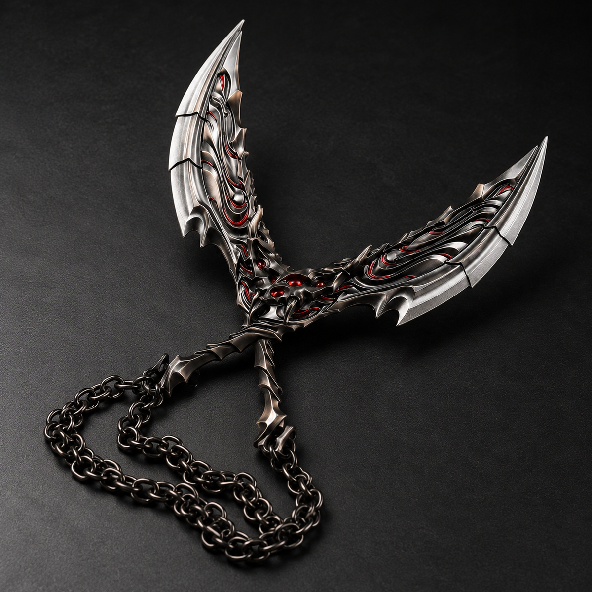 Primordium Dual Blades alternate angle on dark tabletop