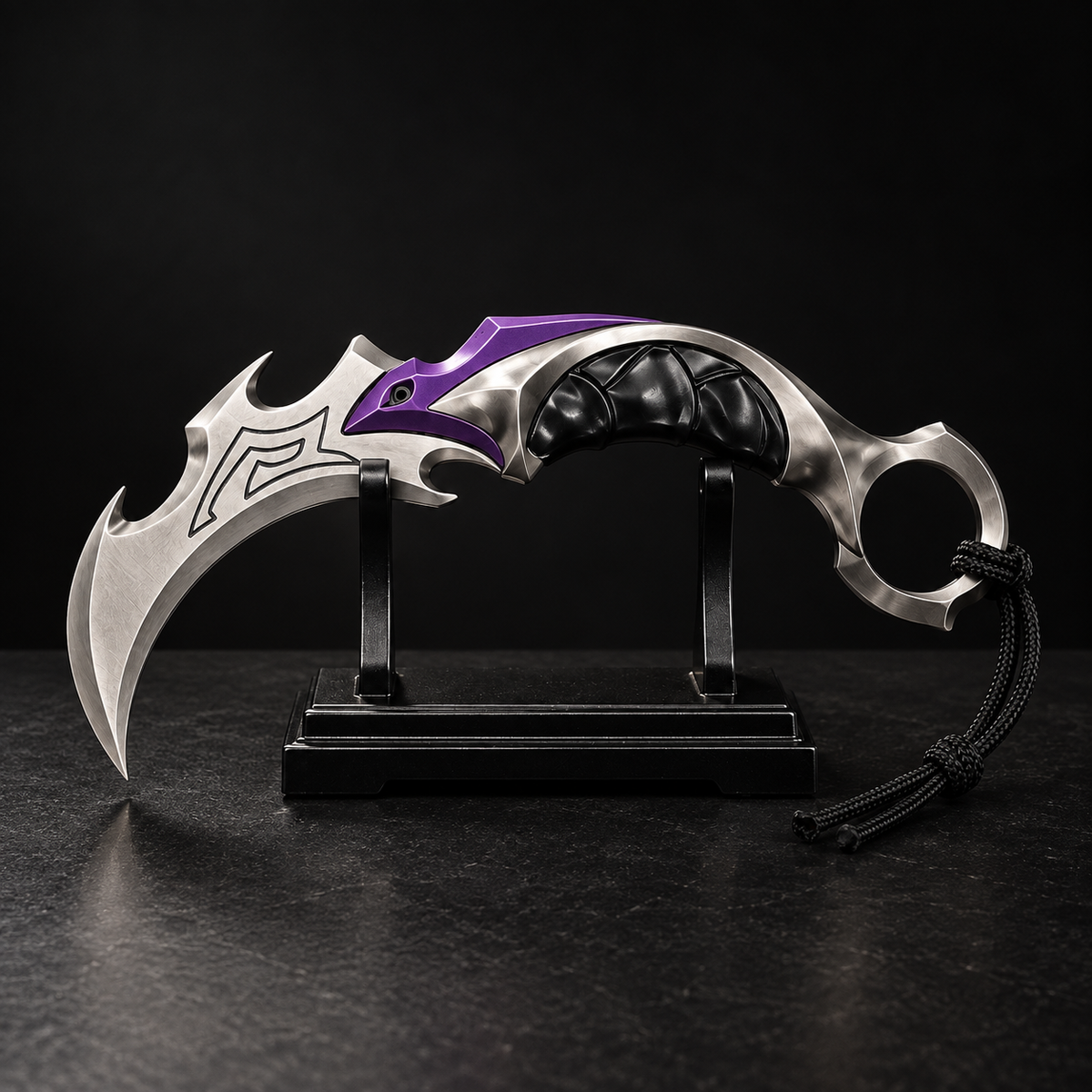 Reaver Karambit gaming collectible in silver purple and black on display stand