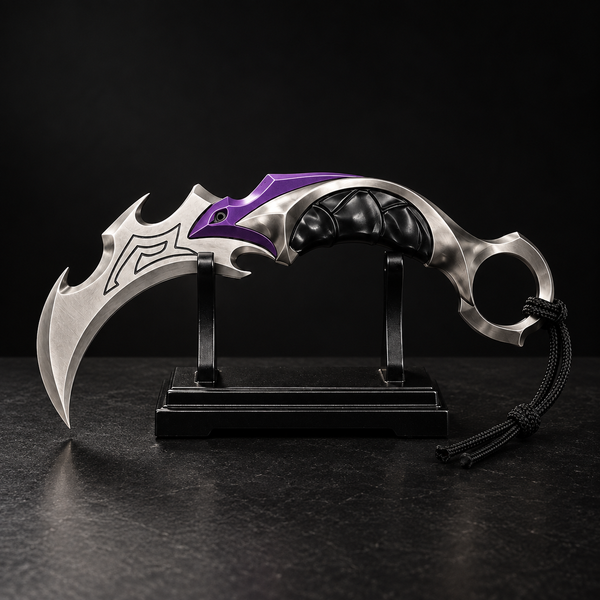 Reaver Karambit gaming collectible in silver purple and black on display stand