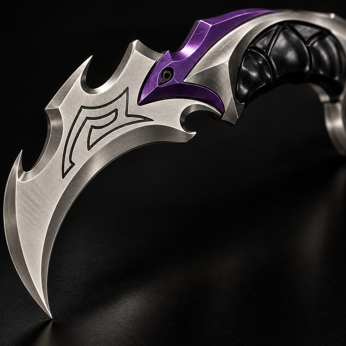 Reaver Karambit close-up showing curved blade and purple handle detailing